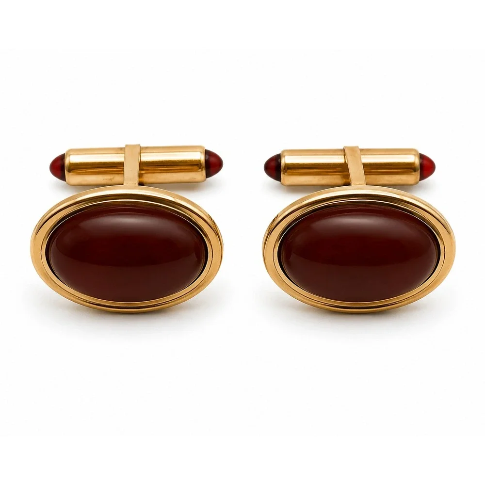Krementz Mid-Century Oval Gold Tone Faux Carnelian Cabochon Stone Cufflinks